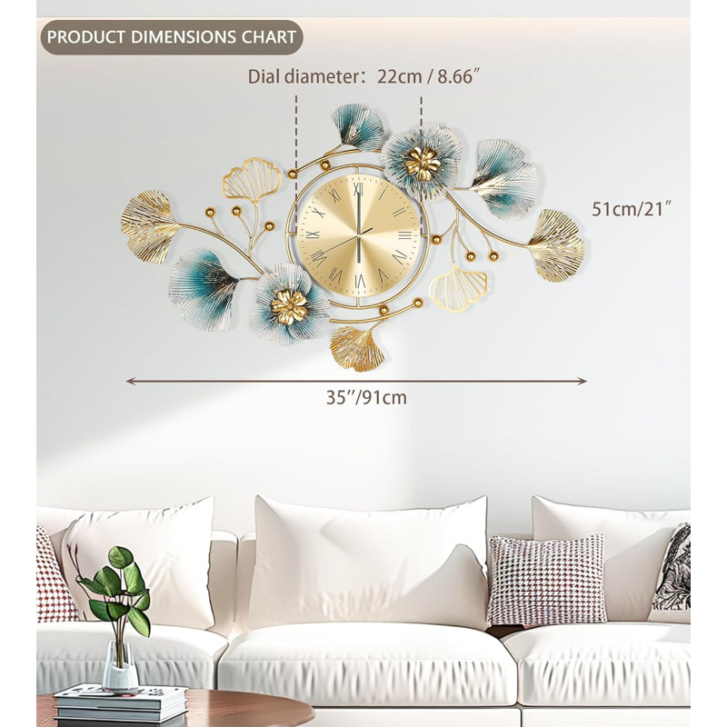 Horloge murale rétro Marler, motif de feuille de ginkgo en métal silencieux, horloge décorative pour salon, chambre à coucher, bureau, cuisine