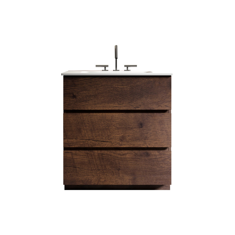 Walnut Bathroom Vanity With Sink. Enlarged Storage, Silent Function. Ergonomic Handle- Outlook. White Basin. Pre-Assembled Sink . Copious Inner Space, Running. Appearance.