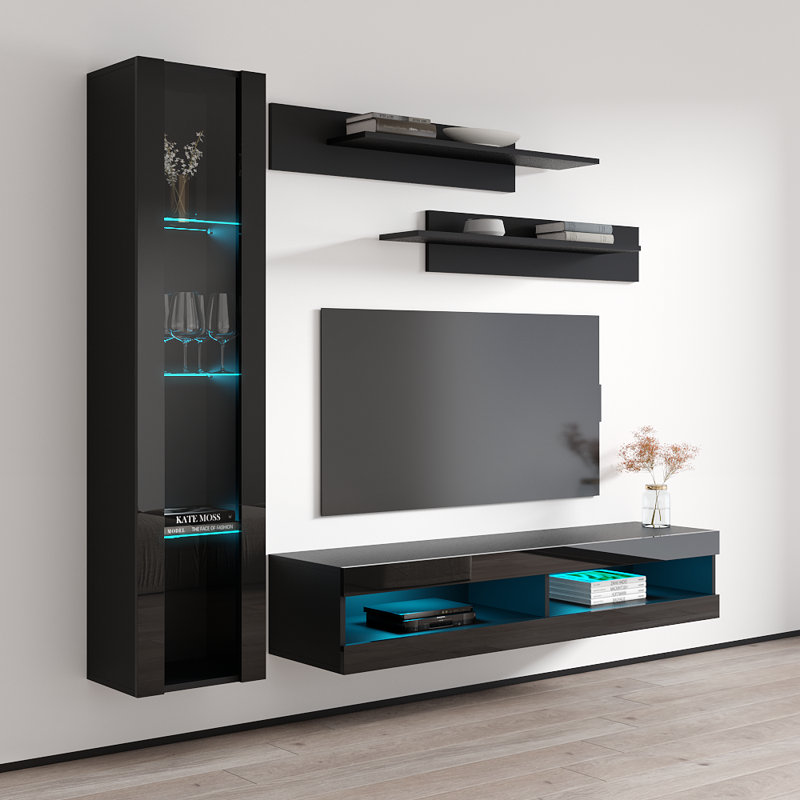 Logue 85" Modern Floating Wall Mounted Entertainment Center with 16-Color LED Lighting, High Gloss Finish, Black