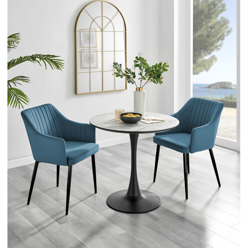 White Marble Effect Round Dining Table And 2 Luxury Velvet Dining Chairs, Blue/Black