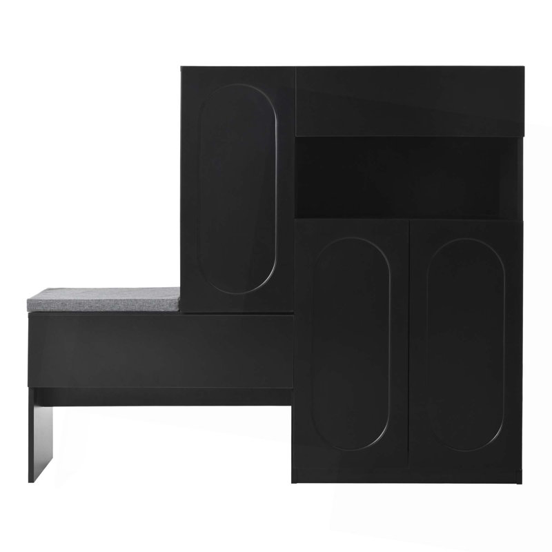 Élégant range-chaussures 2 en 1 avec coussin moelleux, banc de rangement moderne avec portes arquées et dispositifs de rebond, range-chaussures polyvalent avec tablettes réglables pour le couloir et le salon