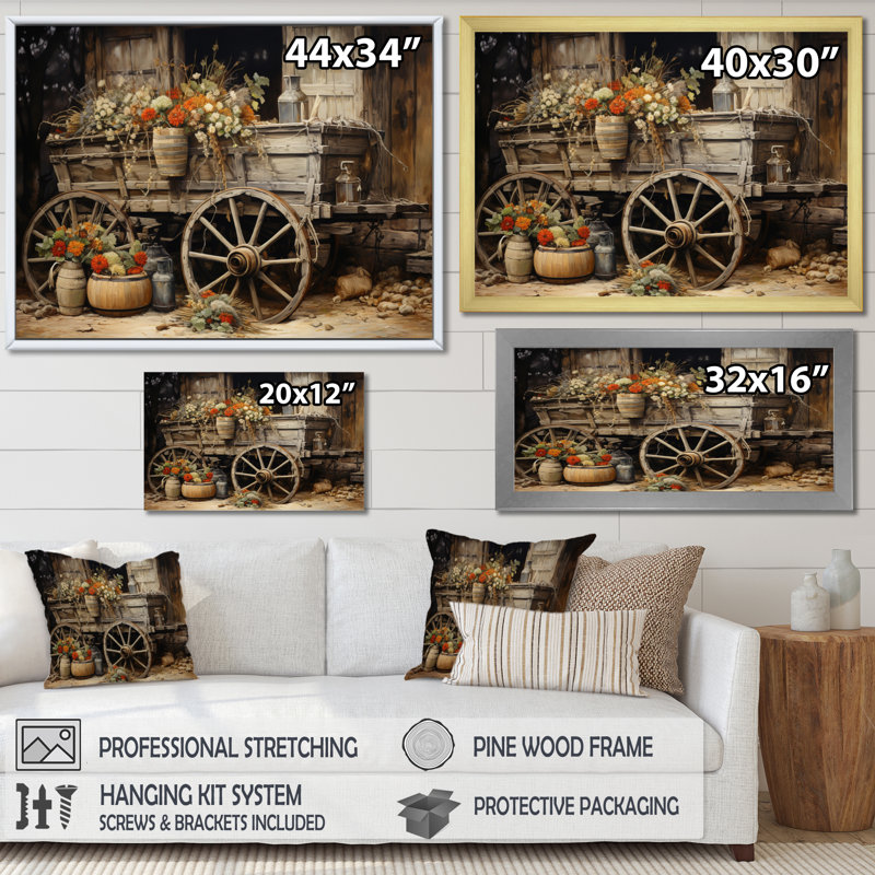 «Grey Old Cart Of Flowers I» - impressions sur toile de vieux chariot américain, H 34 po x l 44 po x P 1,5 po