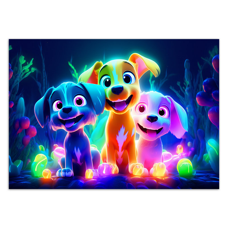 Mural, Cartoon Dogs Neon - No Frame Print on Canvas, 70cm H x 100cm W