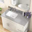 Comptoir de meuble-lavabo en pierre grise l 48 po x P 22 po avec lavabo latéral gauche et configuration de robinet à 3 trous espacés de 8 po