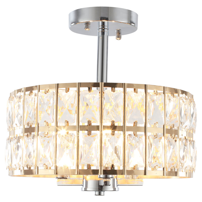 Lustre 3 lumières semi-encastré avec abat-jour tambour en cristal 3 lumières, Or français / chrome