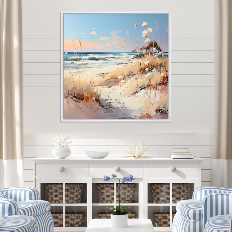 " Coastal Beach Charm Retreat IV ", 36" H x 36" W x 1.5" D, White Floater Framed