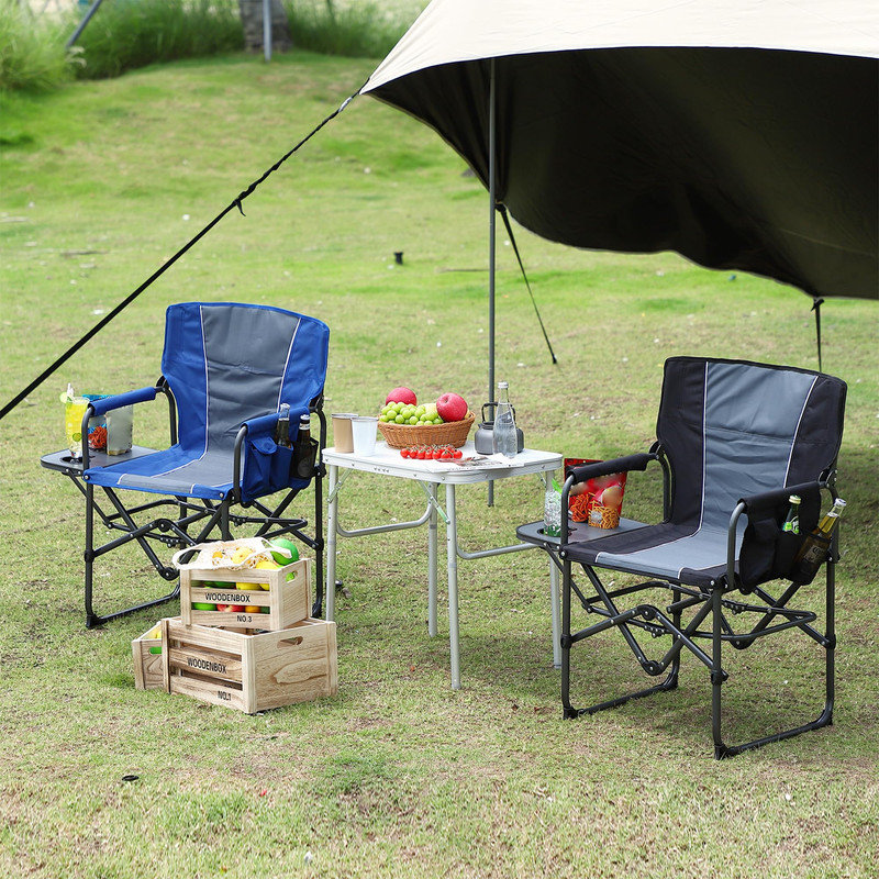 Oversized Camping Director Chair with Side Table - Heavy Duty Portable Folding Outdoor Camp Chair with Pocket for Beach, Fishing, Picnic - Blue/Grey (2 Pack)