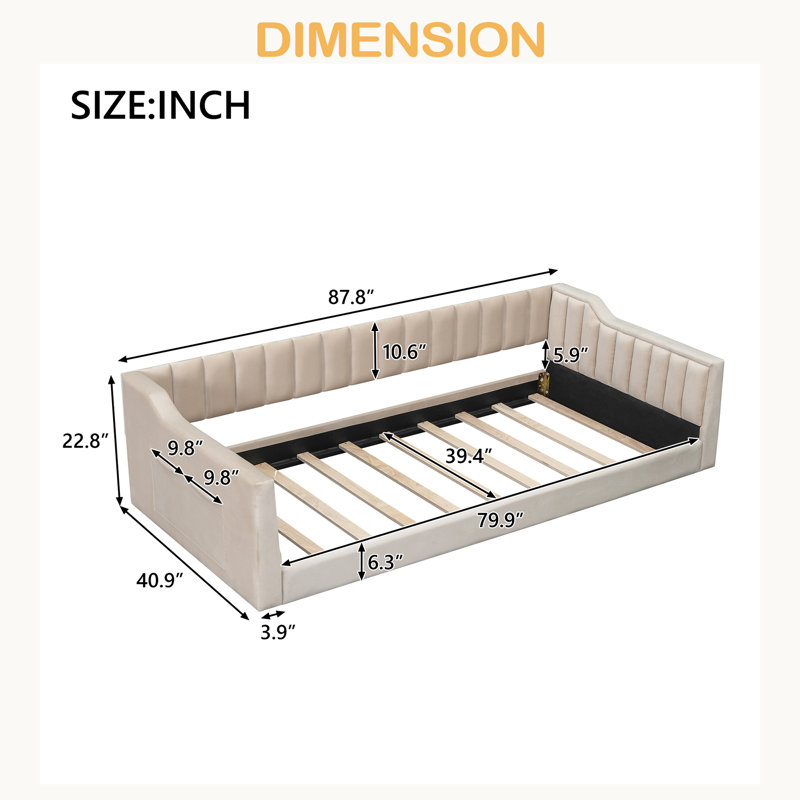 Lit de jour rembourré et poche de rangement latérale, Beige, Très grand simple