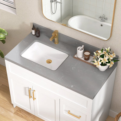 42'' W X 22'' D Engineered Stone Gray Vanity Top Drop-in Single Sink Countertop Rectangular Left Drain Top Undermount Ceramic Sink with 4 In. H Backsplash & A Pre-drilled Faucet Hole