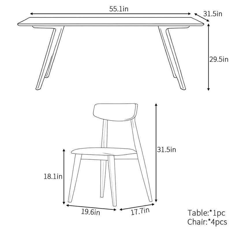 Nordic simple rectangular dining table set, 29.5"H x 55.1"L x 31.5"W