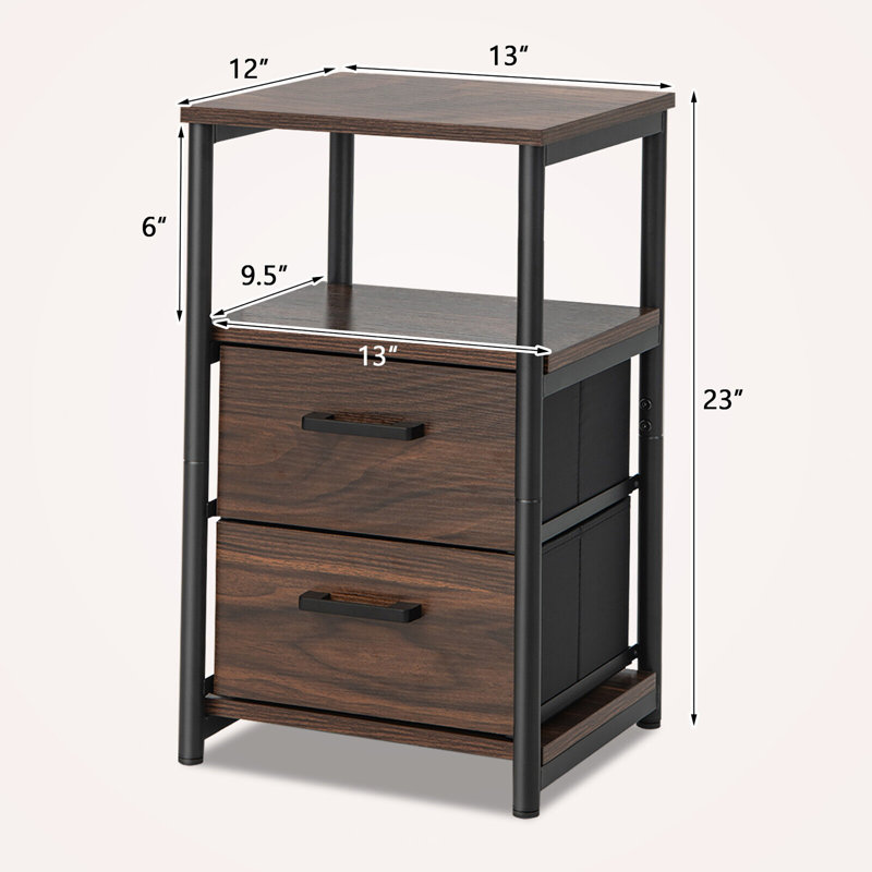 Walnut and Black 2-Drawer Nightstand with Open Shelf