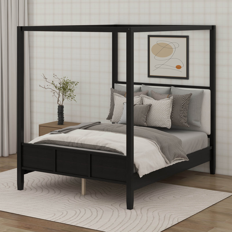 Lit plateforme à baldaquin en bois avec tête de lit tapissier, aucun sommier nécessaire, Grand lit, Noir