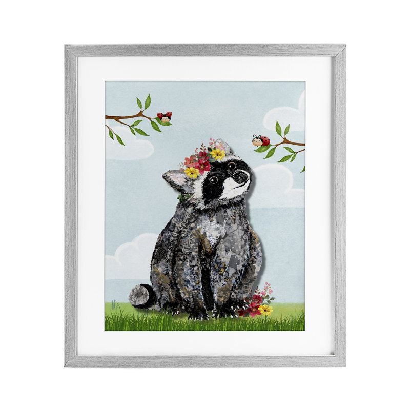 «Baby Raccoon and Lady Bugs», reproduction sous verre encadrée, design par Lisa Morales, Cadre de ferme gris