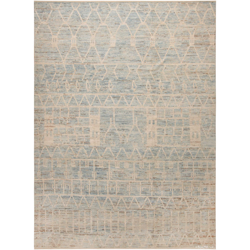 Tapis décoratif moderne à motifs bleus doux primitifs One-of-a-Kind