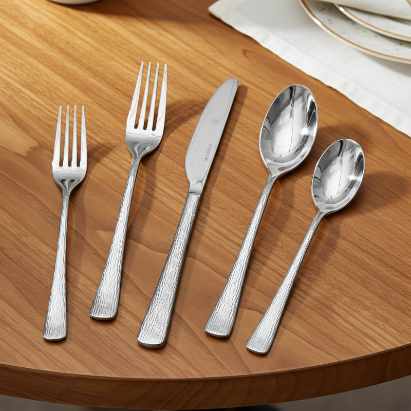 Hammered Silver Dinnerware Set, 40 Pieces, 18/10 Stainless Steel, Unique Wavy Handles + Mirror Polished Finish, Machine Washable For Convenience And Practicality