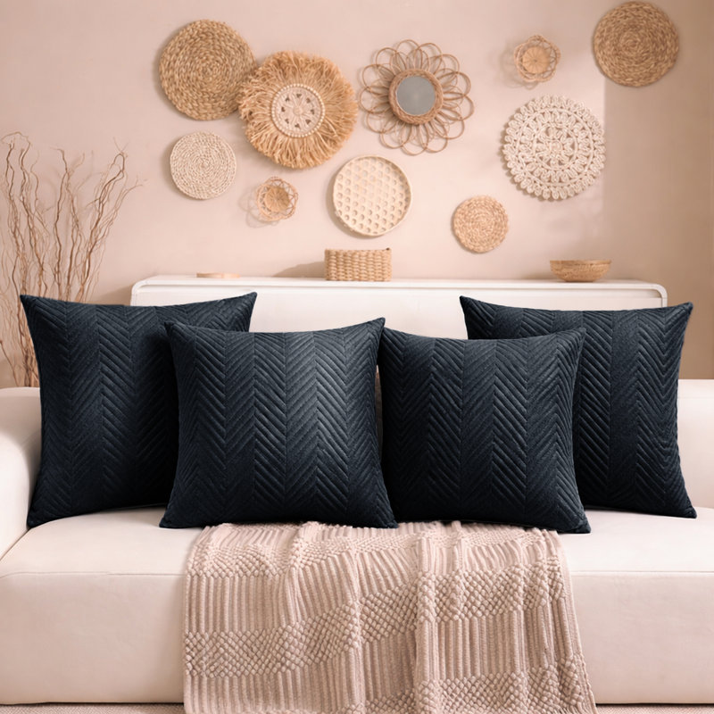 Aspire Homeware Embossed Square Velvet Cushion Cover, Pack of 4, Black