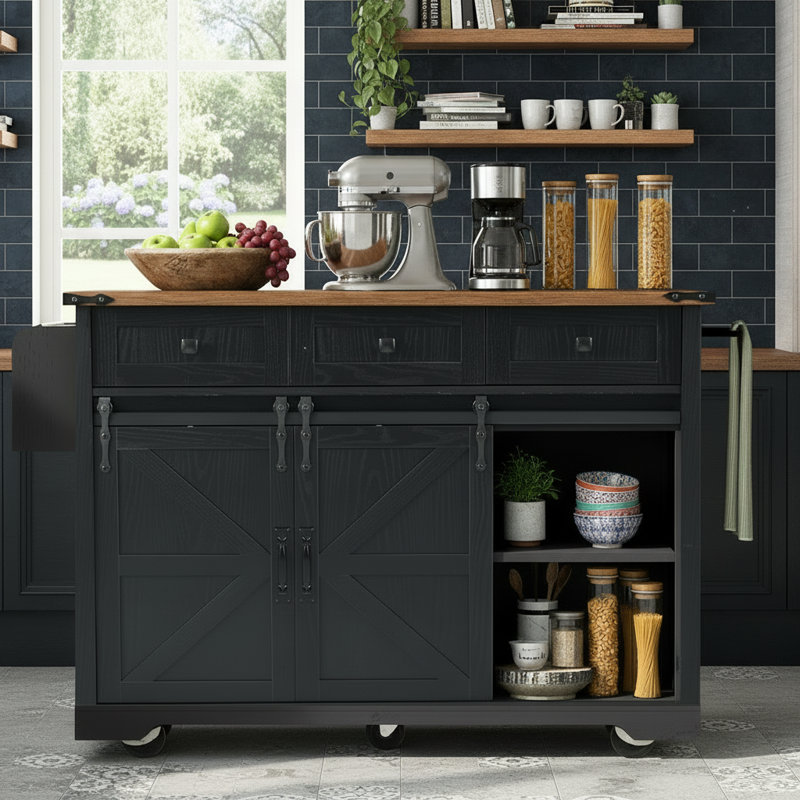 Black Farmhouse-Style Kitchen Island With Double Sliding Barn Doors, Power Outlet, Folding Table, Spice Rack, And Rolling Trolley For Home Dining.