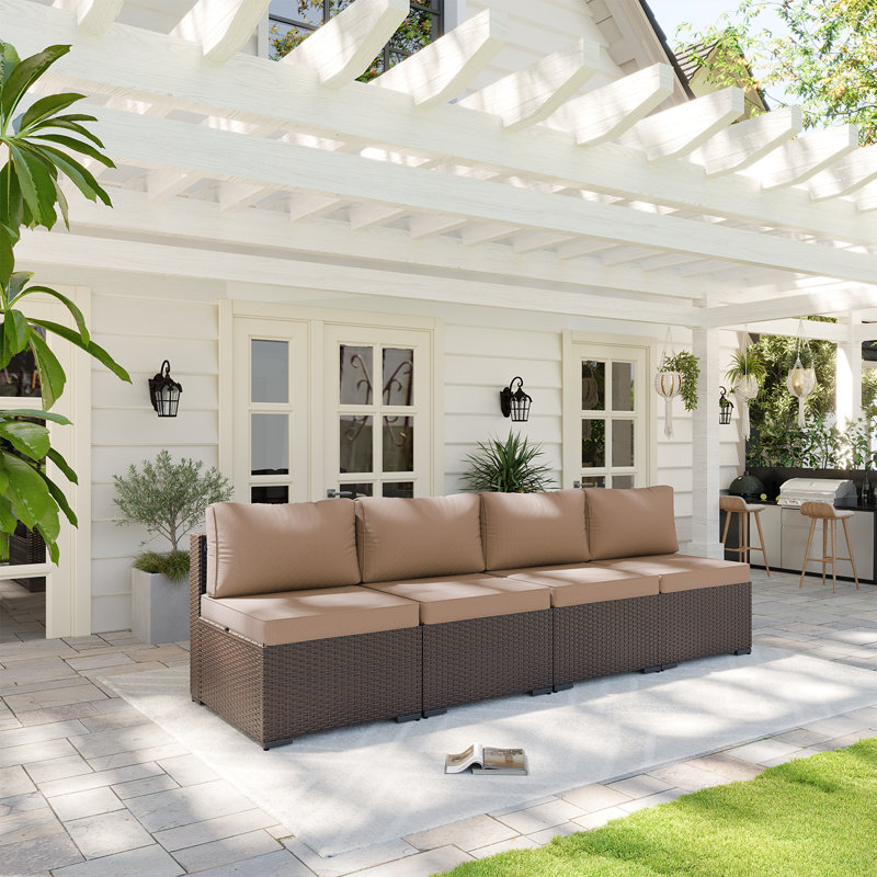 4 -Person Rattan Patio Safo With Cushions, Beige, Brown