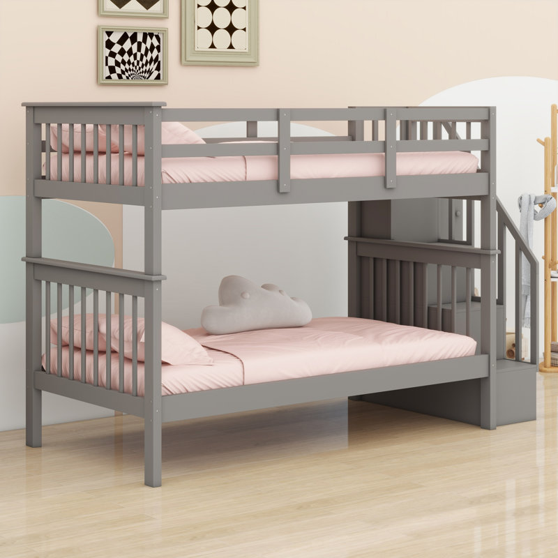 Bunk Bed With Storage Stairway And Guard Rail, Gray