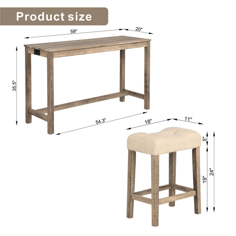 Ensemble de table de bar 4 pièces avec prise de courant, ensemble de table de bar avec chaises, table de bar avec tabourets, table de canapé avec 3 tabourets rembourrés, pour le salon, la salle à manger, brun