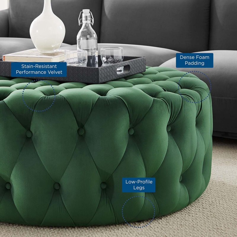 Modway Amour Tufted Button Large Round Performance Velvet Ottoman, Emerald Velvet