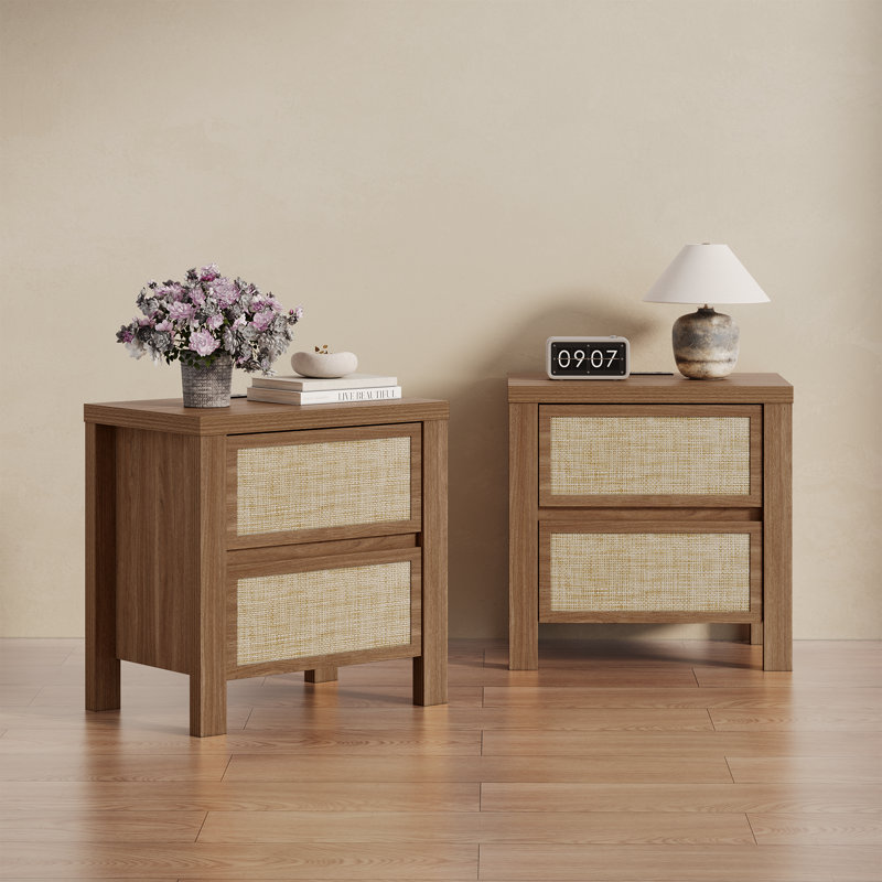 Retro Minimalism 2-drawer Nightstand With Charging Station（set Of 2）, Dark Brown