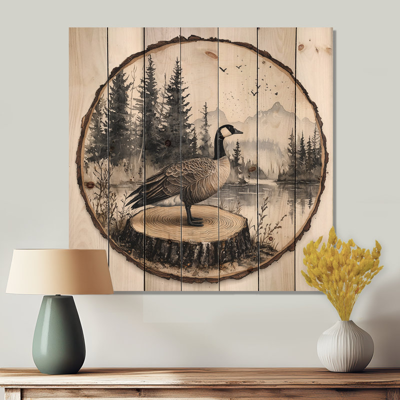 Goose In Canadian Forest Lake Landscape III - Goose Animal Wood Wall Decor - On Natural Pine Wood, 15" H x 15" W x 0.78" D