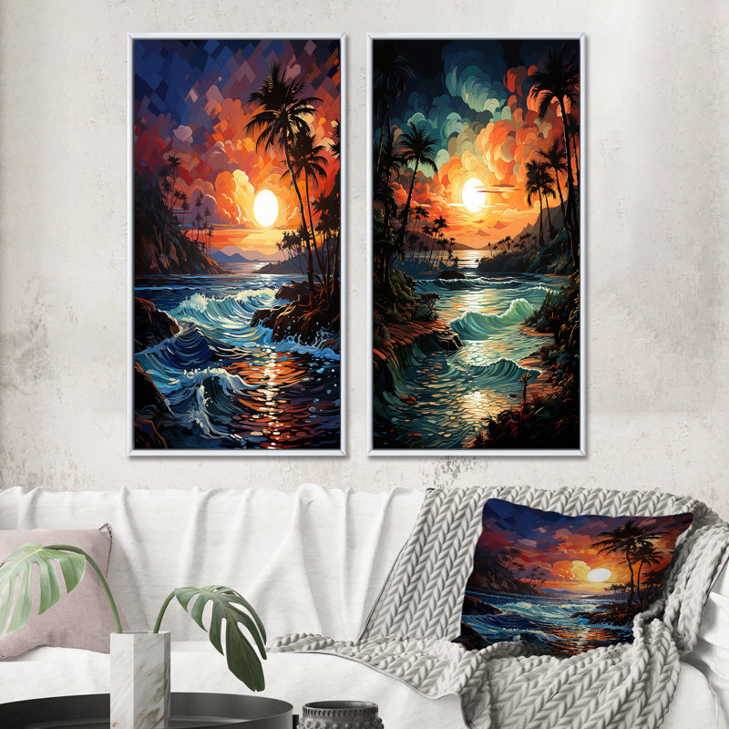 «Colorful Orange Palm Trees Sunset», 2 pièces, H 32 po x l 32 po, Cadre blanc