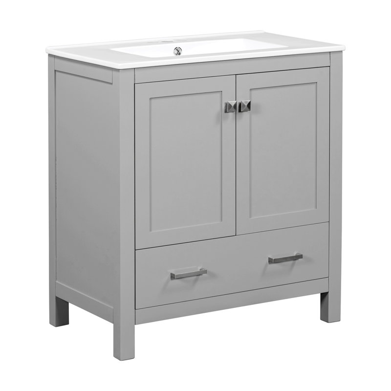 Meuble-lavabo de 30 po avec lavabo simple, meuble-lavabo encastré, armoire de rangement avec 2 portes et un tiroir, fermeture en douceur, rangement multifonctionnel, structure en bois massif