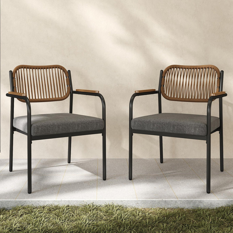 Chaises de patio en métal et rotin, Gris / Brun