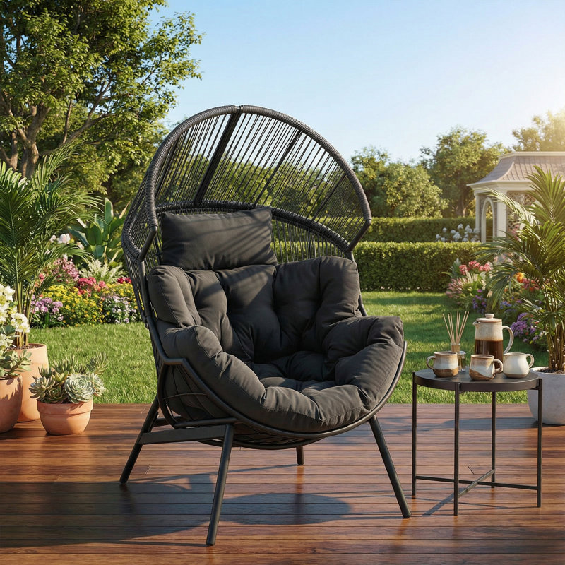 Fauteuil à œufs en osier avec coussin épais Wooley, Gris, Gris