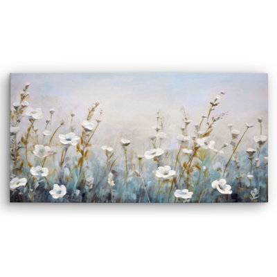 20x40 Floral Canvas Wall Art Featuring White Wildflowers with Hand-Painted Accents - Gallery Wrap - Green, Beige and Blue - Modern Wall Art