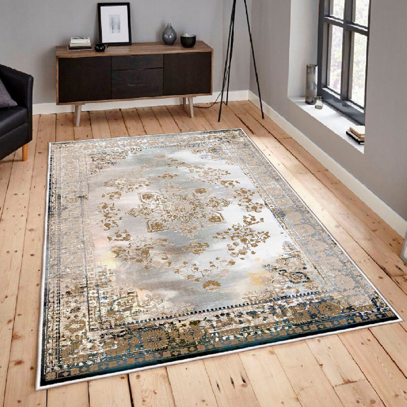 Premium Cotton Area Rug, 2.6 x 4.0 Feet | 100% Cotton, 1200 g/m², Pile Height: 0.4 in, Total Thickness: 0.3 in | Antibacterial, Non-Slip PVC Underside, Machine Washable | Elegant Cream, Grey & Camel Design for Living Room