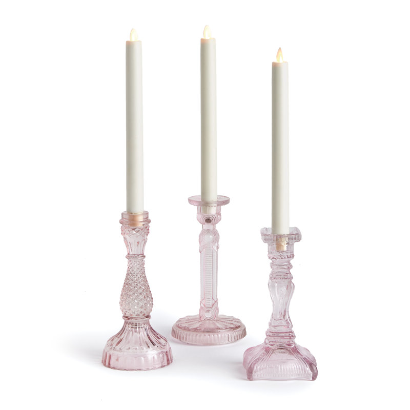 Porte-chandelles Florette en verre rose, ensemble de 3 grands, Grand, Rose