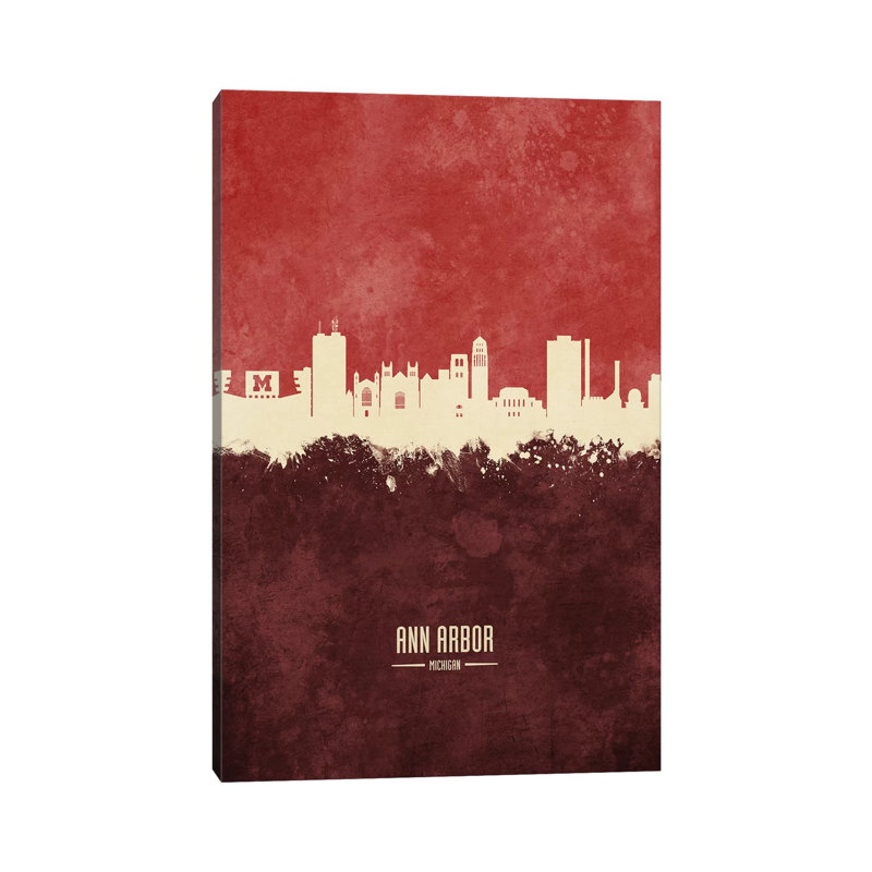 Ann Arbor Michigan Skyline Burgandy by Michael Tompsett - 1 Piece Wrapped Canvas Wall Art, 30.48 cm H x 45.72 cm W