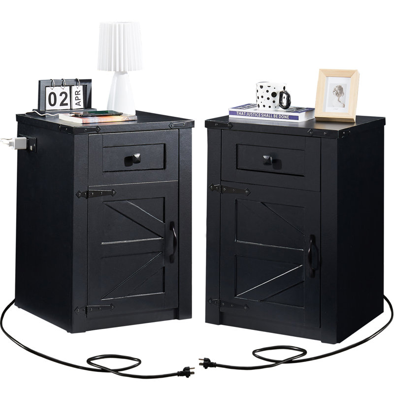 Farmhouse Nightstands Set of 2 with Charging Station,Wood End Table with Barn Door and Drawer for Bedroom,Living Room