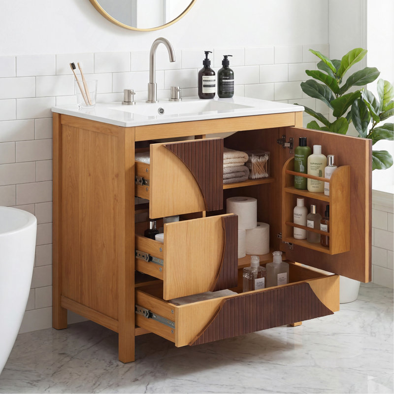 Évier 30 pouces Mid-Century - Armoire autoportante artistique en bois avec 3 tiroirs et porte à fermeture en douceur
