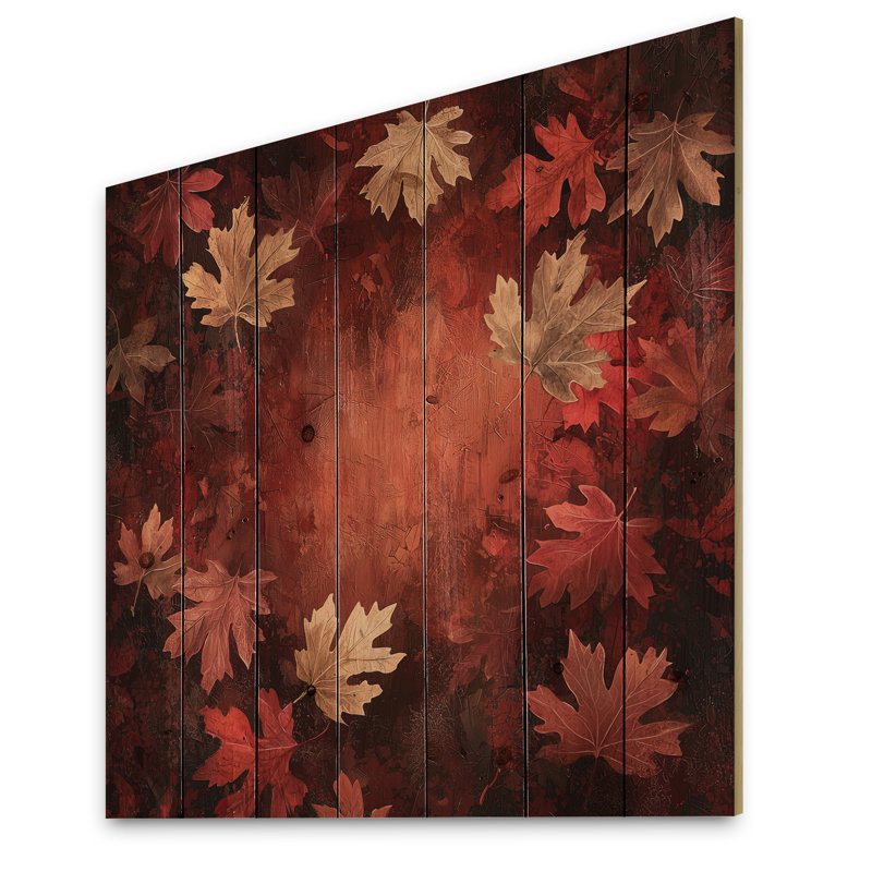 «Red Falling Maple Leaves I», art mural sur bois de feuilles - sur bois de pin naturel, H 15 po x l 15 po x P 0,78 po