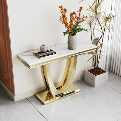 Ensemble de 3 tables basses, table basse en faux marbre blanc doré avec 1 table d'appoint carrée et 1 console, ensemble de tables de salon modernes avec structure en U double pour bureau à domicile