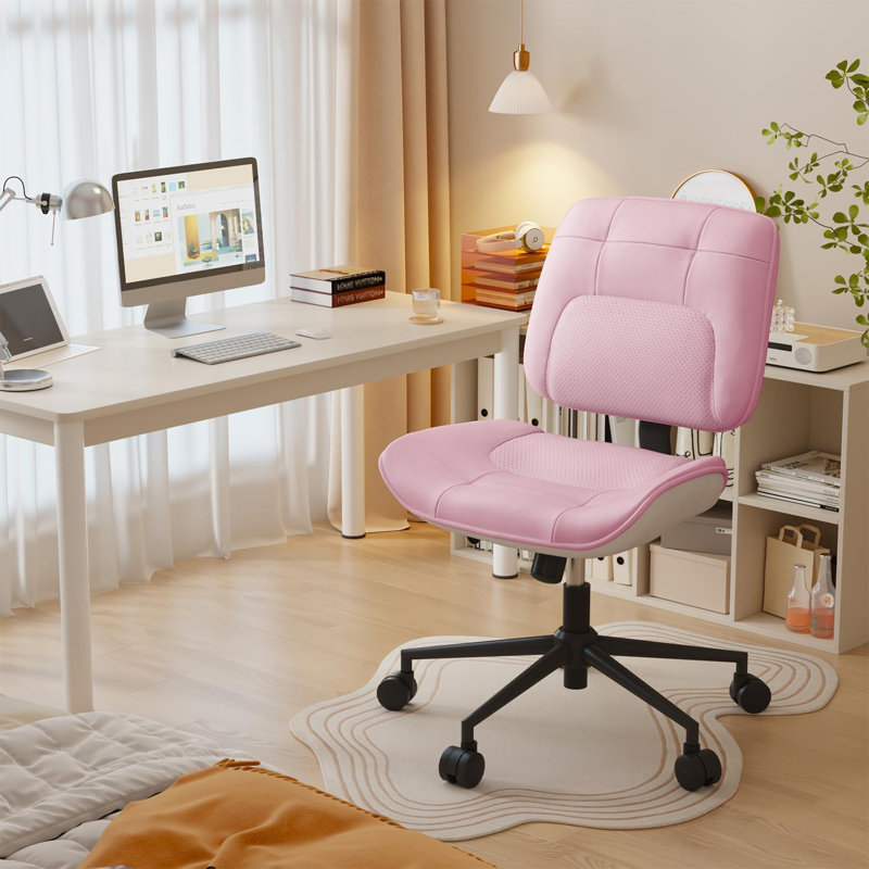 Chaise de bureau ergonomique avec accoudoirs épais à roulettes en cuir de polyuréthane à dossier moyen pour la maison, les réunions et les petits espaces - Rose