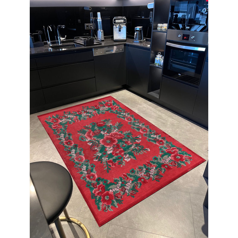 Tapis tissé à motif floral coquelicot Karabagh, Tapis de couloir 3 pi 3,37 po x 9 pi 10,11 po
