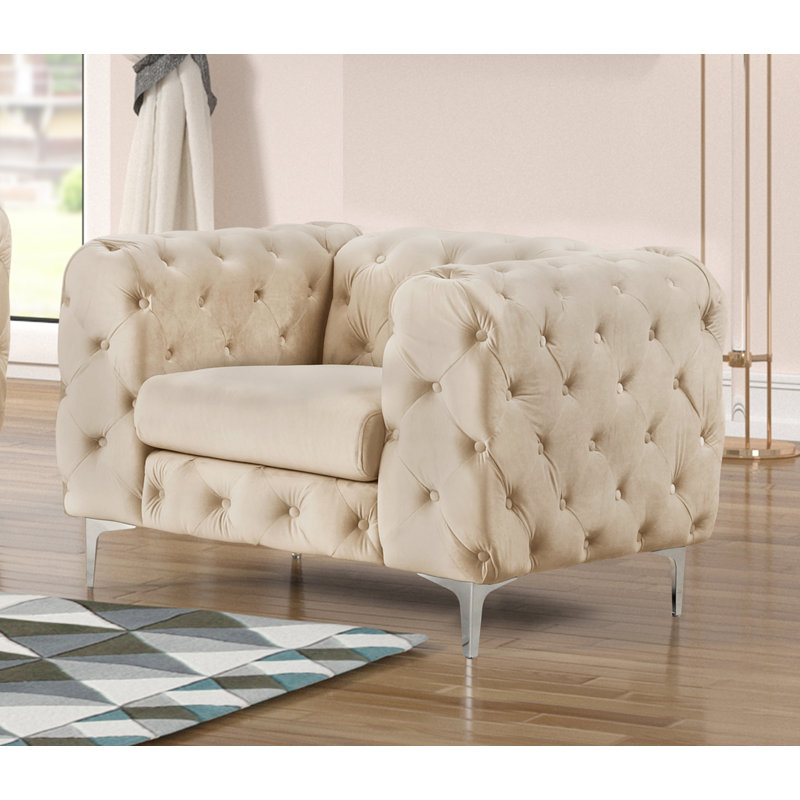 Fauteuil en velours capitonné Bernie, Velours beige