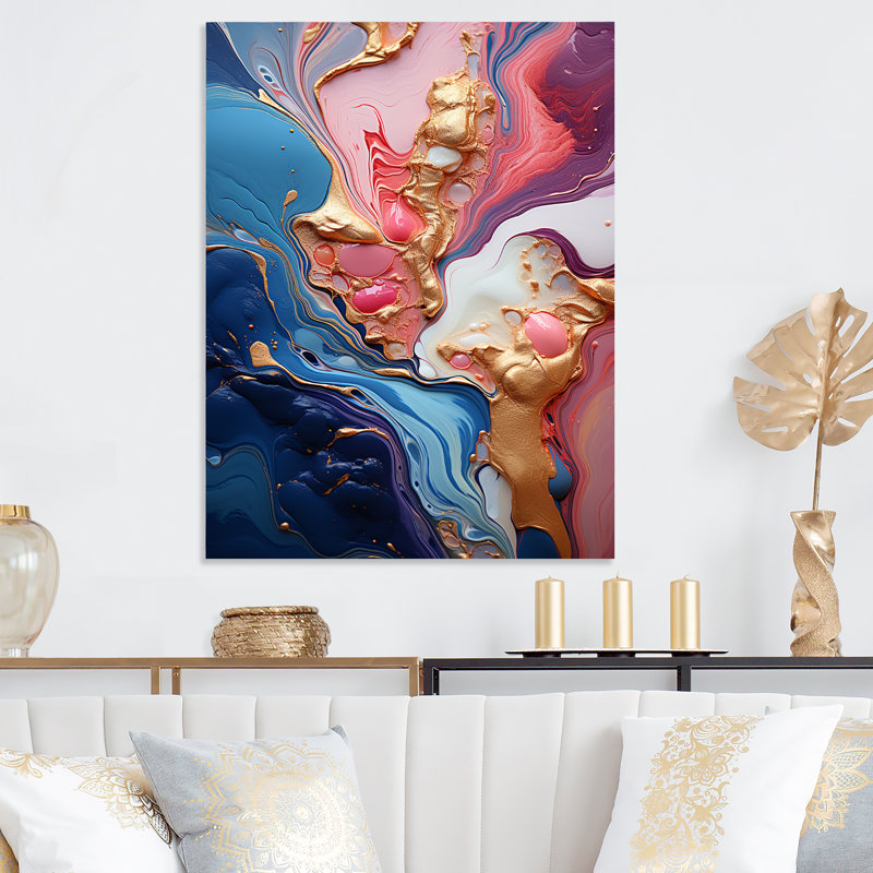 Trippy rose bleu abstrait liquide encre III - encre liquide abstrait, art mural en métal, H 20 po x l 12 po x P 1 po