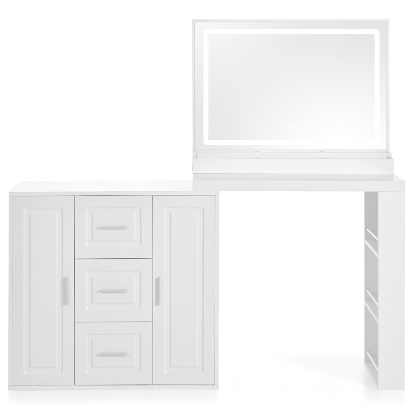 Table de coiffeuse blanche avec miroir et lumières, 59 po. 3 tiroirs, 2 armoires, beaucoup de rangement pour les armoires de bureau de la chambre à coucher. Espace, tablette latérale à 3 couches, assemblage facile