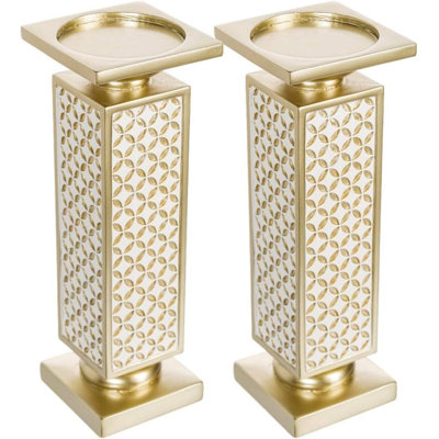Decorative Pillar Candle Holders, Set Of 2- Functional Table Decorations- Centerpieces For Dining/Living Room(Gold & White)