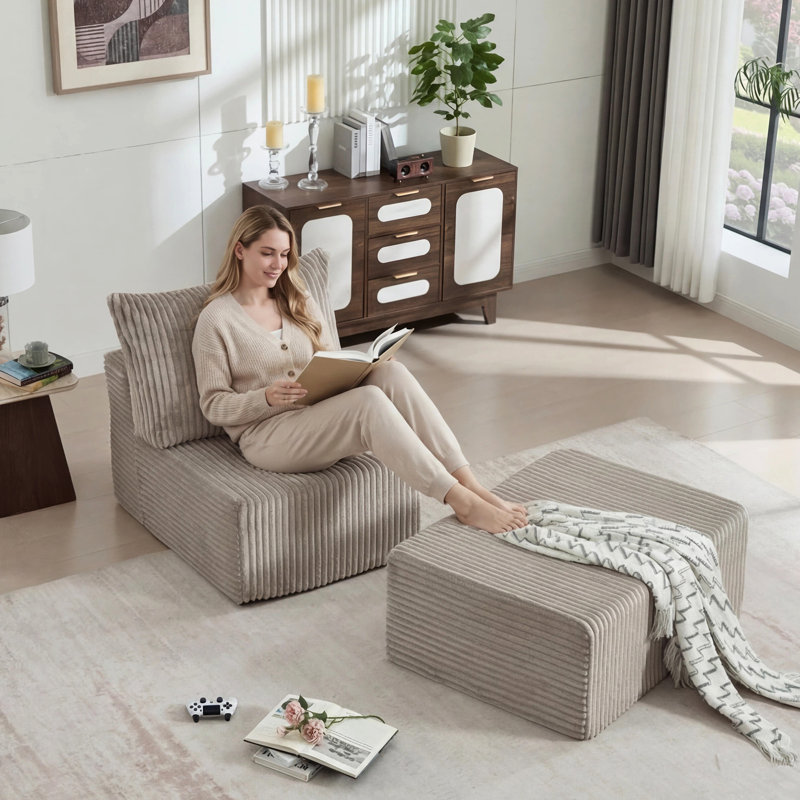 6-Piece Upholstered Boneless Sectional Corduroy Modular Sofa With Ottoman, Light Gray Corduroy