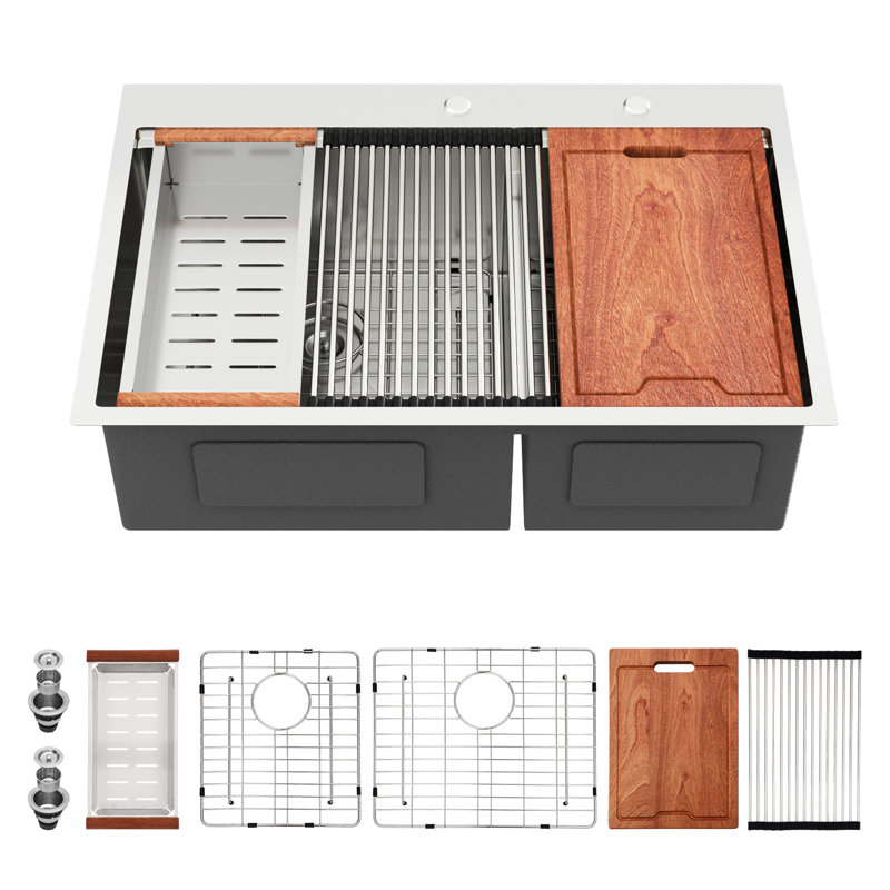 Évier de cuisine 33 "x 22" x 10 "calibre 16 en acier inoxydable T304 à double cuve 60/40 avec nickel brossé, revêtement, coussin de 3 m, poste de travail pour une utilisation efficace de l'espace et diviseur inférieur intelligent, ensemble