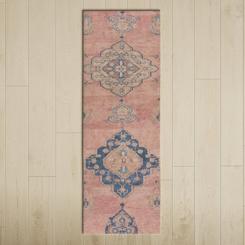 Blue and Pink Medallion Synthetic Runner Rug 3' x 8'