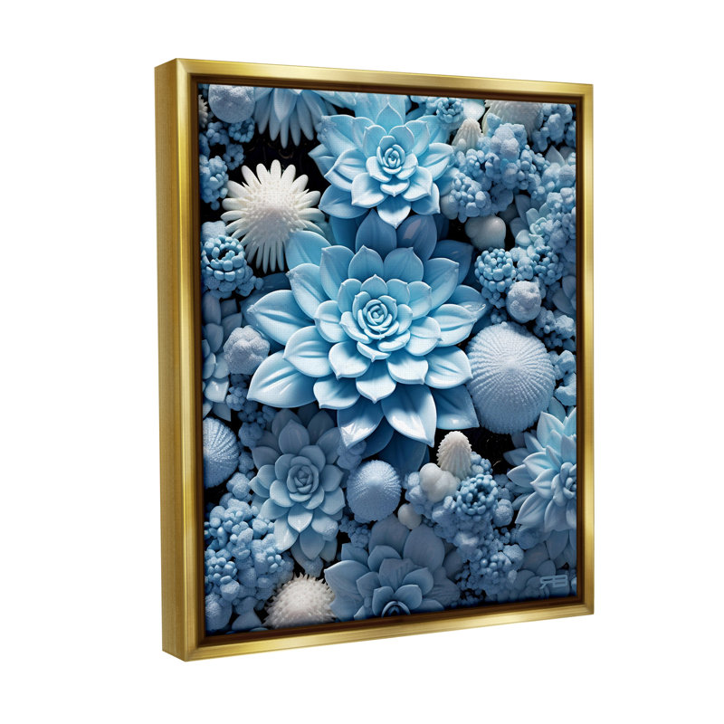 "Blue Patterned Succulents" par RB sur toile, H 31 po x l 25 po, Cadre flottant métallique doré