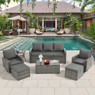7 Pieces Outdoor Furniture Set With Swivel Chairs, Wicker Patio Furniture For Porch Deck Bistro Lawn Garden Backyard Poolside by Winston Porter